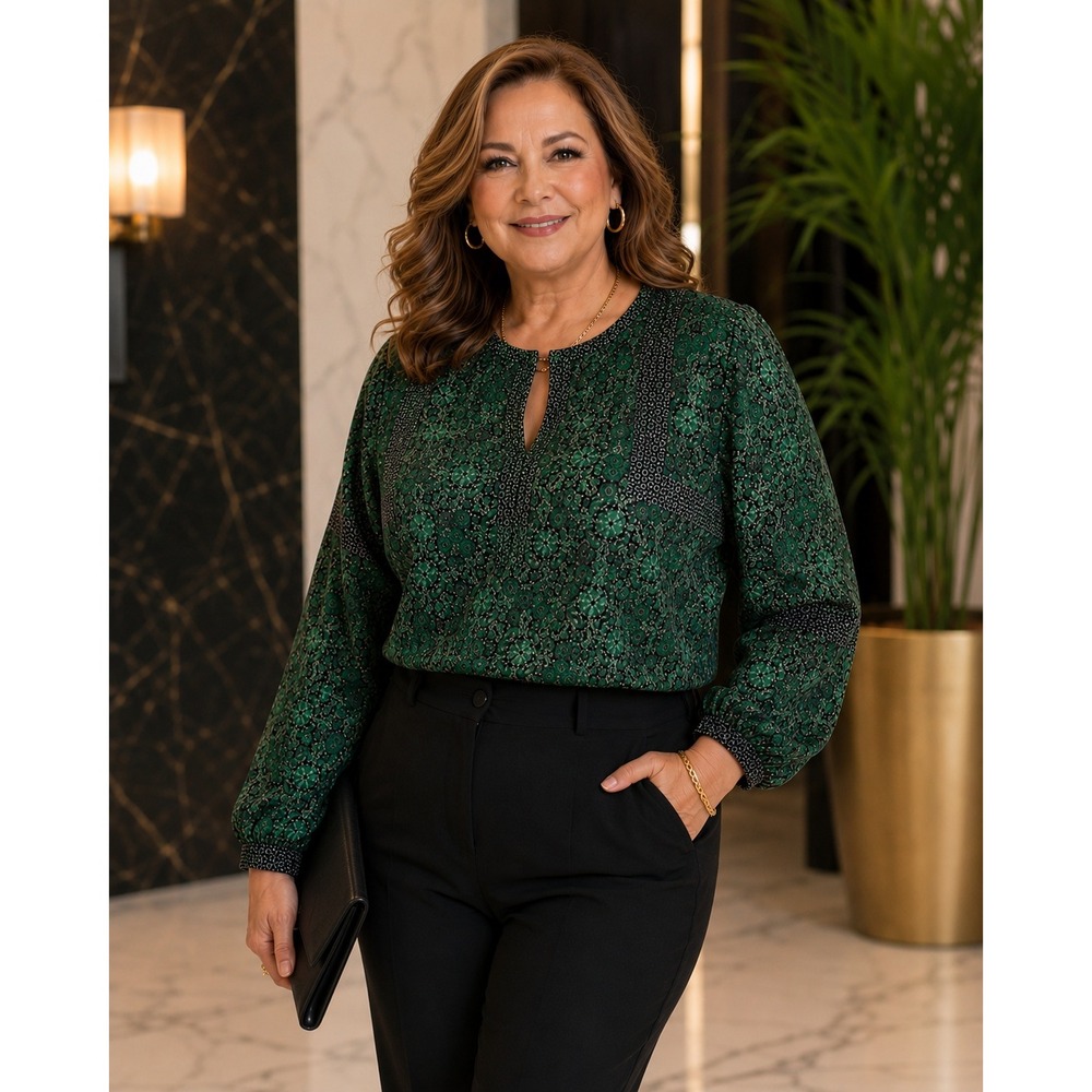 Rose+Olive Women Blouse Green Black Paisley Print Long Sleeve Blouse Top M